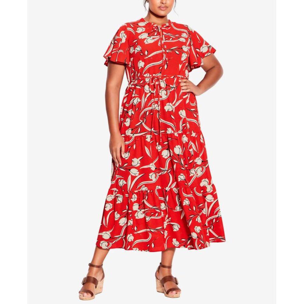Plus Size Happy Tier Print Dress Origami Flower 26W28W
